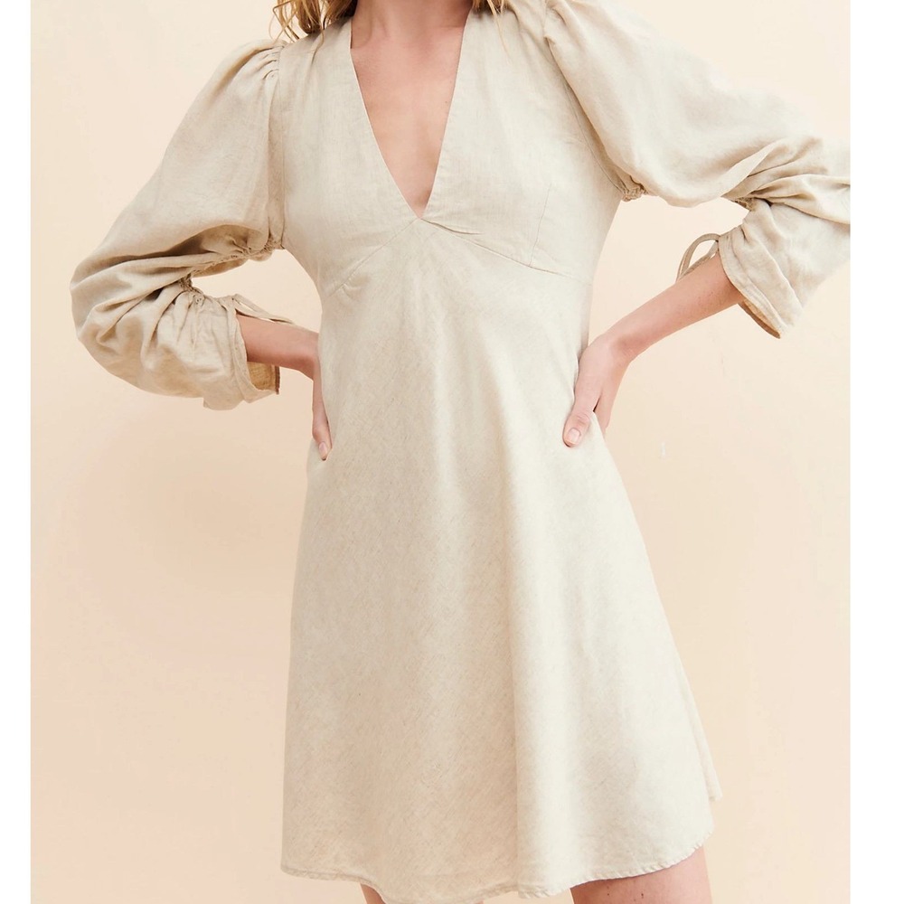 R.G. Kane Janus Tencel Linen Ruched Sleeve V-Neck Mini Dress‎ Large Tan USA